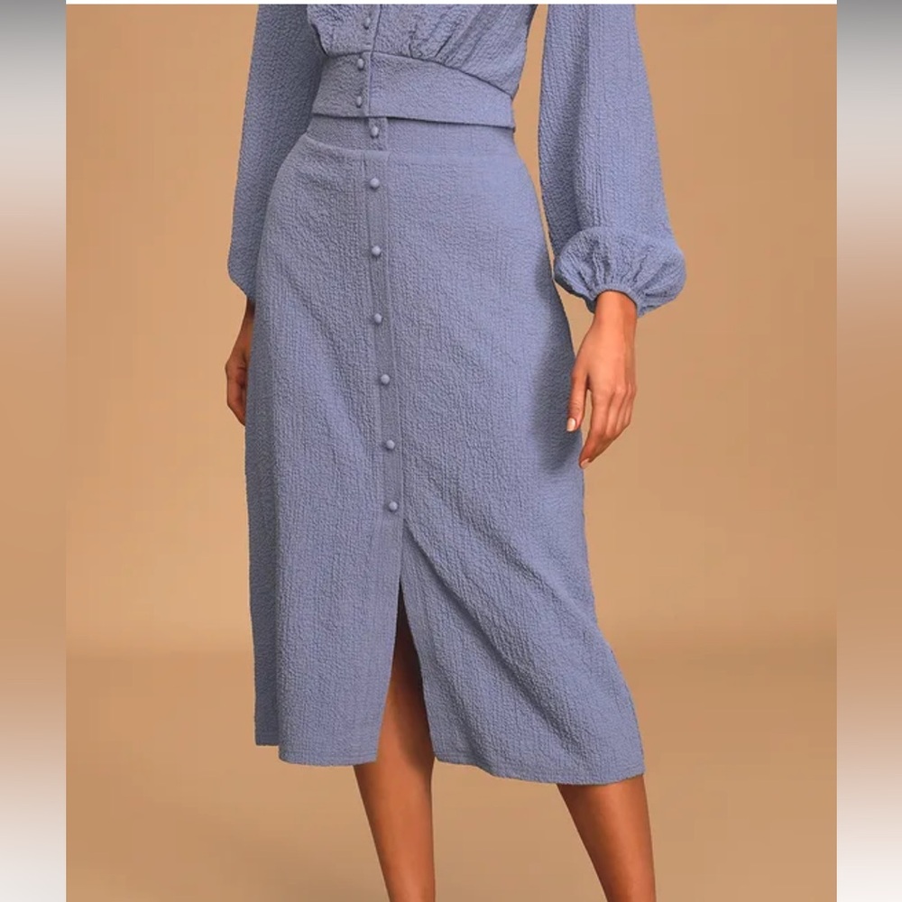 Lulus PeriwinkleTextured Button Front Midi Skirt - Small - Picture 2 of 11